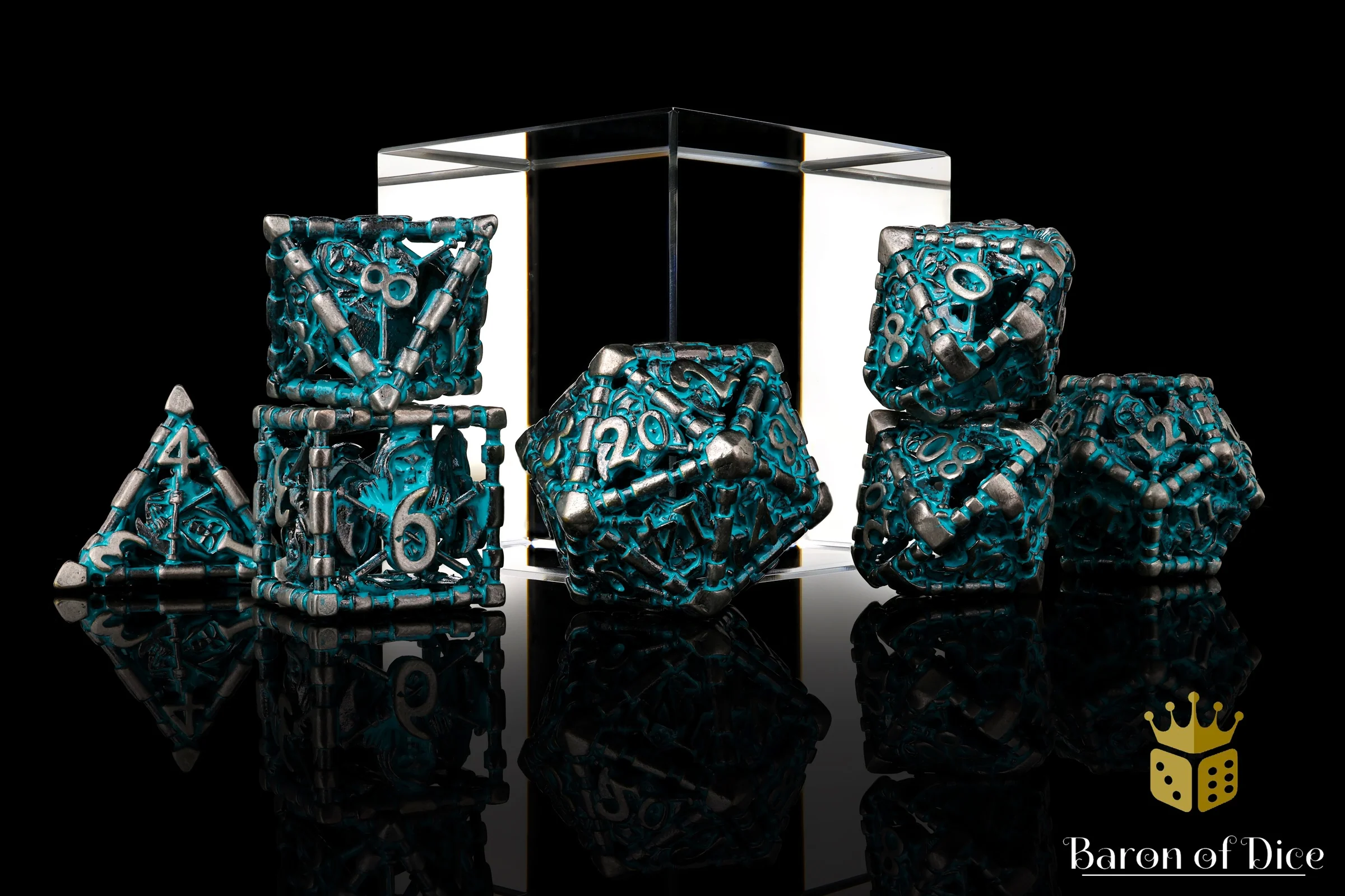 Grim Reaper Teal Glow Metal RPG Dice Set - 7 Pieces - Image 3