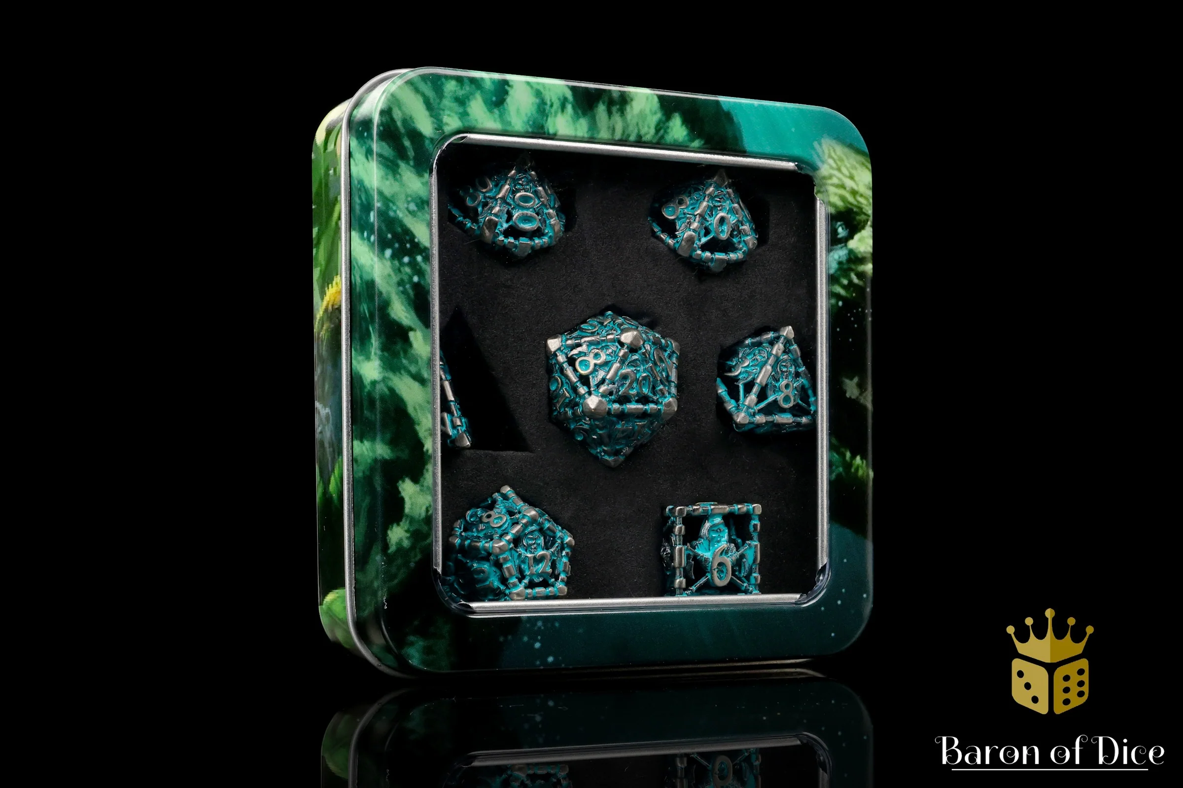 Grim Reaper Teal Glow Metal RPG Dice Set - 7 Pieces - Image 4