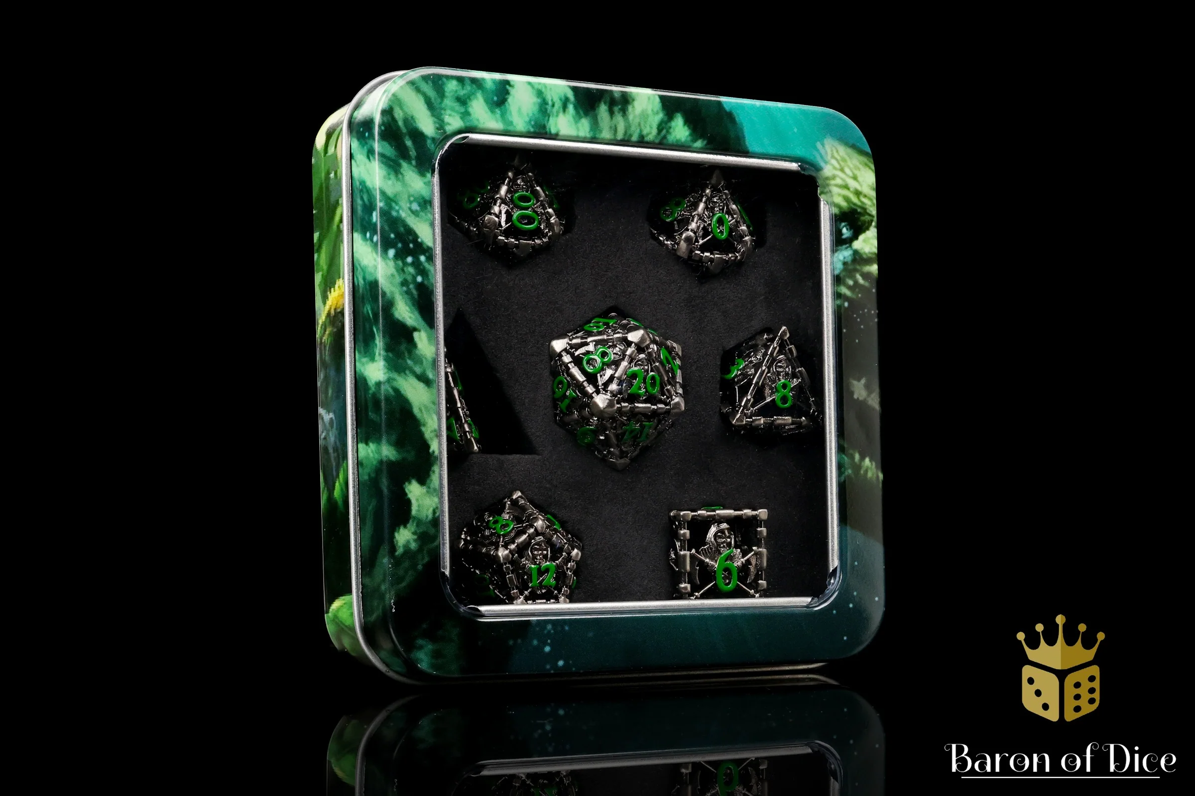 Grim Reaper Ethereal Glow Metal RPG Dice Set - 7 Pieces - Image 4