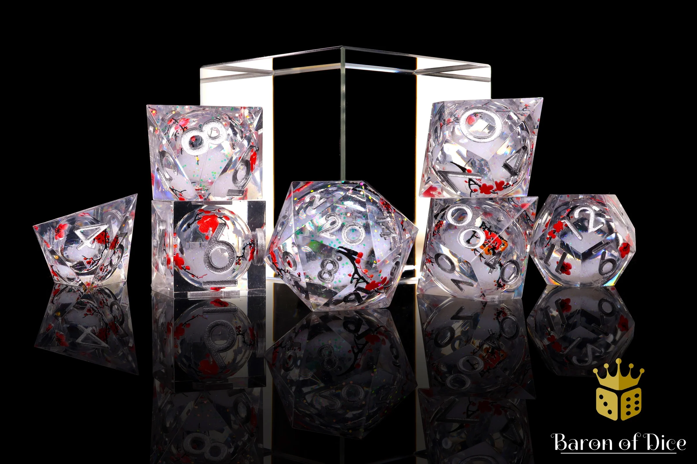 Winter Cherry Blossom Liquid Core RPG Dice Set - 7 Pieces - Image 3